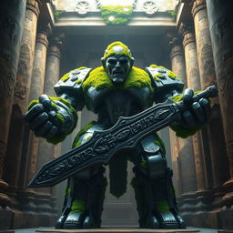 An imposing iron golem, its metallic surface richly adorned with vibrant green moss that highlights its ancient and mystical character