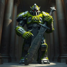 An imposing iron golem, its metallic surface richly adorned with vibrant green moss that highlights its ancient and mystical character
