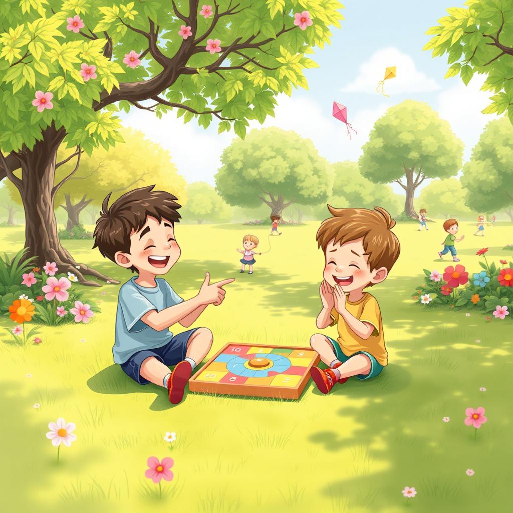 In a sunny park setting, two brothers are sitting on the lush green grass, absorbed in a colorful board game placed between them