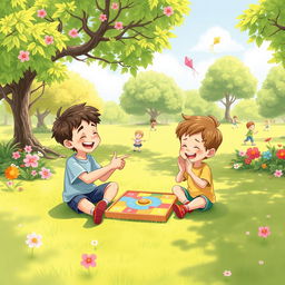 In a sunny park setting, two brothers are sitting on the lush green grass, absorbed in a colorful board game placed between them