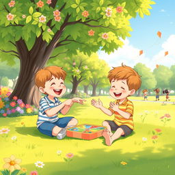 In a sunny park setting, two brothers are sitting on the lush green grass, absorbed in a colorful board game placed between them