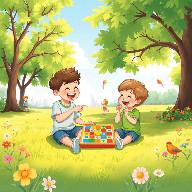 In a sunny park setting, two brothers are sitting on the lush green grass, absorbed in a colorful board game placed between them