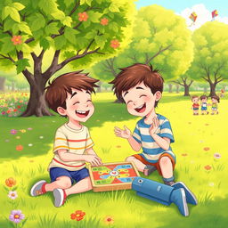 In a sunny park setting, two brothers are sitting on the lush green grass, absorbed in a colorful board game placed between them
