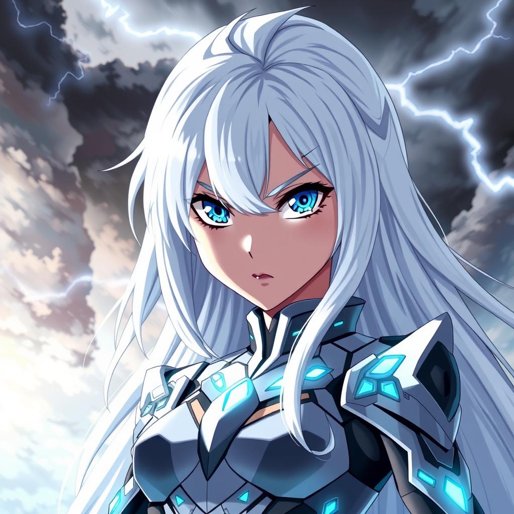 A powerful anime girl with striking white hair cascading down her shoulders, and vibrant blue eyes that project intensity