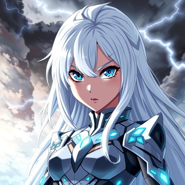 A powerful anime girl with striking white hair cascading down her shoulders, and vibrant blue eyes that project intensity