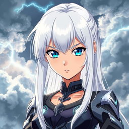 A powerful anime girl with striking white hair cascading down her shoulders, and vibrant blue eyes that project intensity