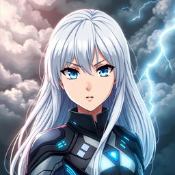 A powerful anime girl with striking white hair cascading down her shoulders, and vibrant blue eyes that project intensity