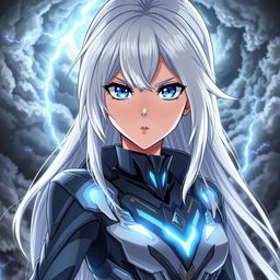 A powerful anime girl with striking white hair cascading down her shoulders, and vibrant blue eyes that project intensity