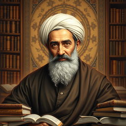 A detailed portrait of Allameh Tabatabai, the esteemed Iranian philosopher and author of 'Al-Mizan'