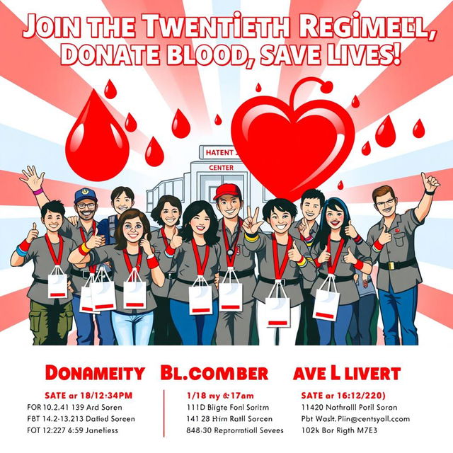 A vibrant and engaging poster design for a blood donation campaign named after the 'Twentieth Regiment'