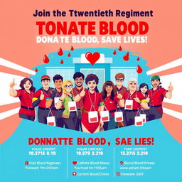A vibrant and engaging poster design for a blood donation campaign named after the 'Twentieth Regiment'