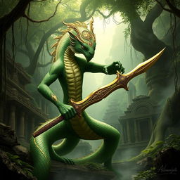 A powerful Yuan-ti, a serpent-like humanoid with intricate scales of green and gold, gracefully poised while holding a beautifully crafted scimitar
