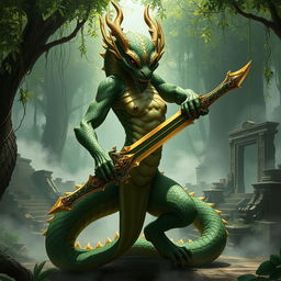 A powerful Yuan-ti, a serpent-like humanoid with intricate scales of green and gold, gracefully poised while holding a beautifully crafted scimitar