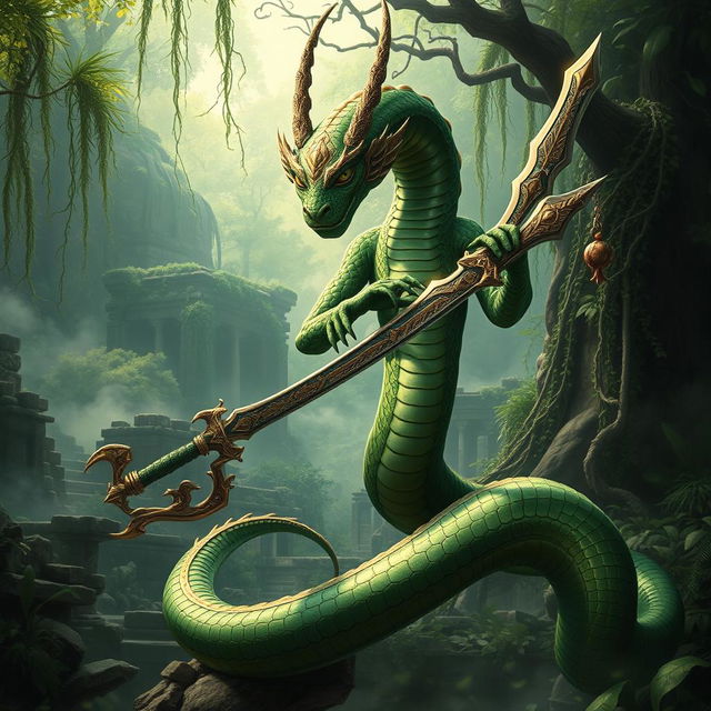 A powerful Yuan-ti, a serpent-like humanoid with intricate scales of green and gold, gracefully poised while holding a beautifully crafted scimitar