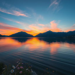 A stunning sunset over a serene lake surrounded by majestic mountains, reflecting vibrant hues of orange, pink, and purple in the water