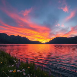 A stunning sunset over a serene lake surrounded by majestic mountains, reflecting vibrant hues of orange, pink, and purple in the water