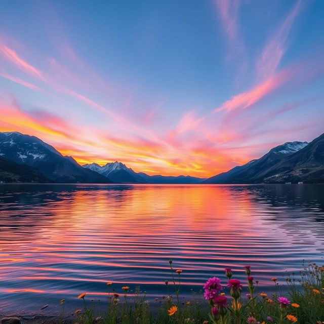 A stunning sunset over a serene lake surrounded by majestic mountains, reflecting vibrant hues of orange, pink, and purple in the water