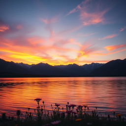 A stunning sunset over a serene lake surrounded by majestic mountains, reflecting vibrant hues of orange, pink, and purple in the water