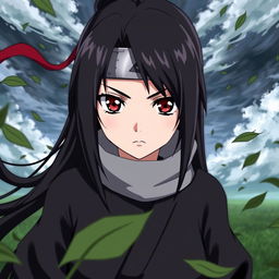 Anime girl inspired by Naruto with Sharingan eyes, featuring long black hair, wearing a traditional ninja outfit, and displaying a serious expression