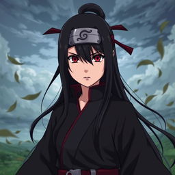 Anime girl inspired by Naruto with Sharingan eyes, featuring long black hair, wearing a traditional ninja outfit, and displaying a serious expression