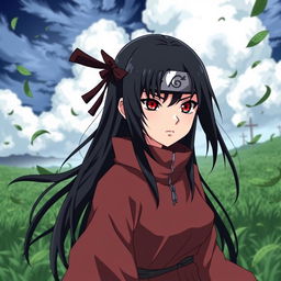 Anime girl inspired by Naruto with Sharingan eyes, featuring long black hair, wearing a traditional ninja outfit, and displaying a serious expression