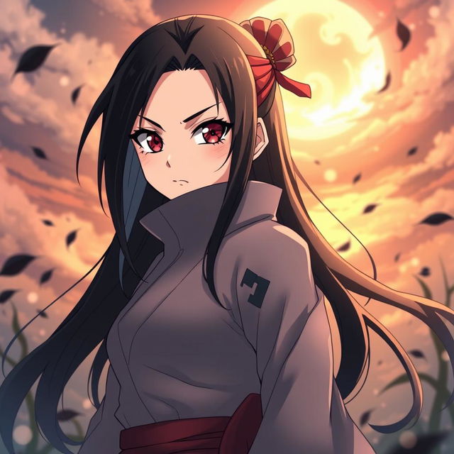 Anime girl inspired by Naruto with Sharingan eyes, featuring long black hair, wearing a traditional ninja outfit, and displaying a serious expression