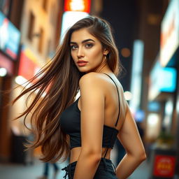 A beautiful and stylish young woman with long, flowing hair, dressed in a chic, form-fitting outfit that accentuates her curves