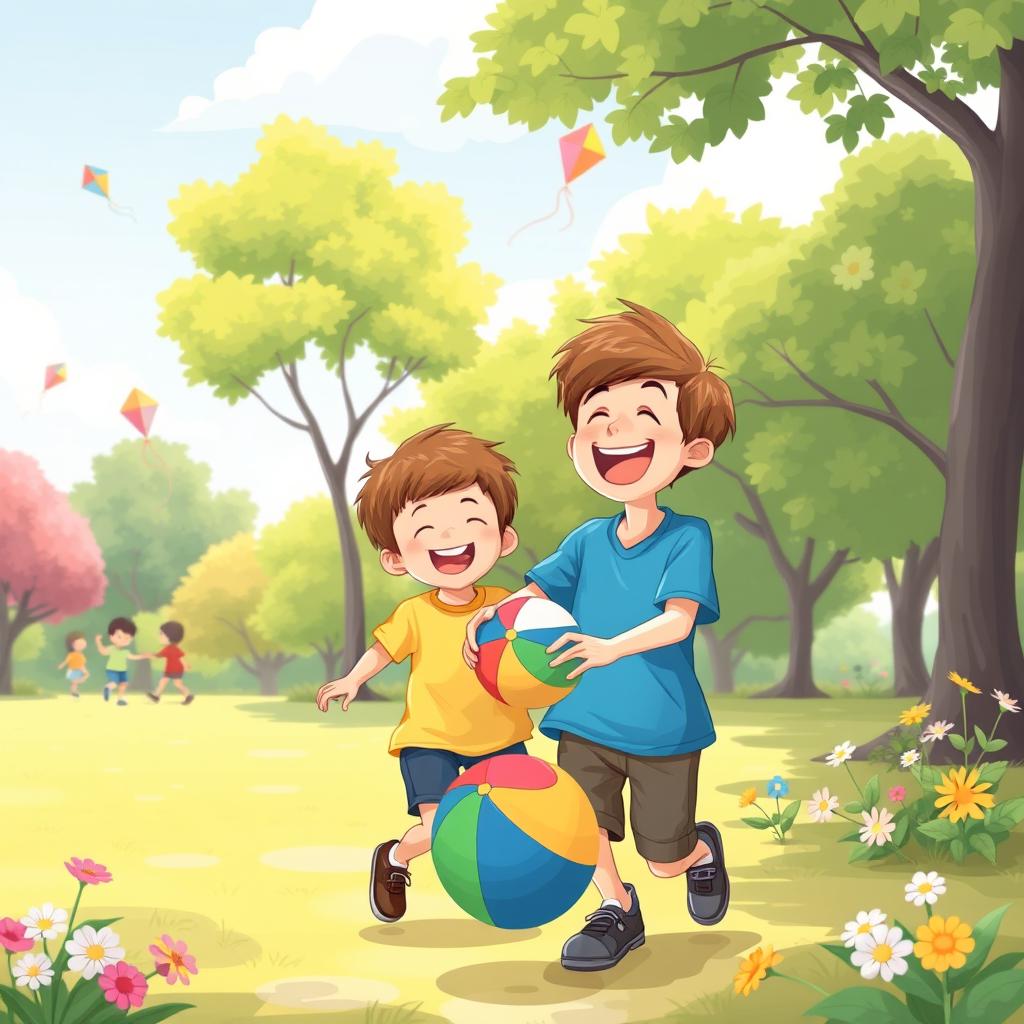 In a sunny park, two brothers are joyfully playing with a colorful ball, laughter echoing in the air