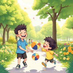 In a sunny park, two brothers are joyfully playing with a colorful ball, laughter echoing in the air