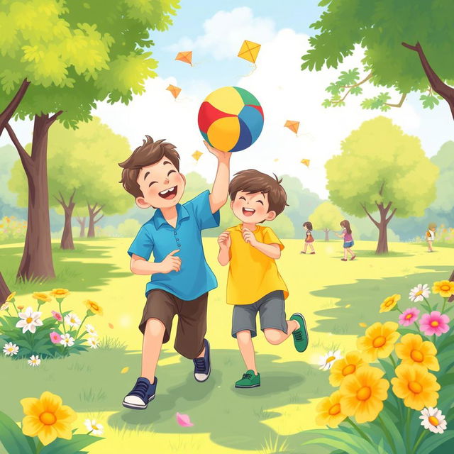 In a sunny park, two brothers are joyfully playing with a colorful ball, laughter echoing in the air