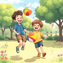 In a sunny park, two brothers are joyfully playing with a colorful ball, laughter echoing in the air