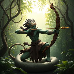 A striking Yuan-ti, featuring a human upper body and a serpentine lower body, elegantly poised while holding a beautifully crafted longbow