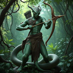 A striking Yuan-ti, featuring a human upper body and a serpentine lower body, elegantly poised while holding a beautifully crafted longbow