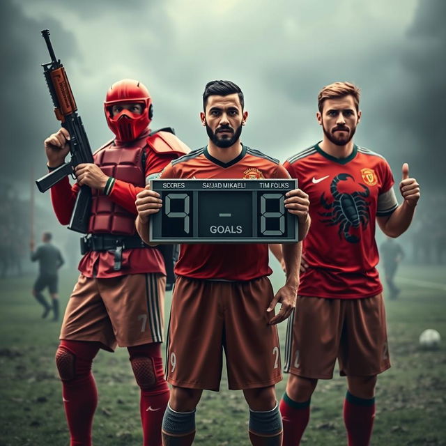 Three soccer players portrayed as warriors