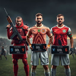 Three soccer players portrayed as warriors