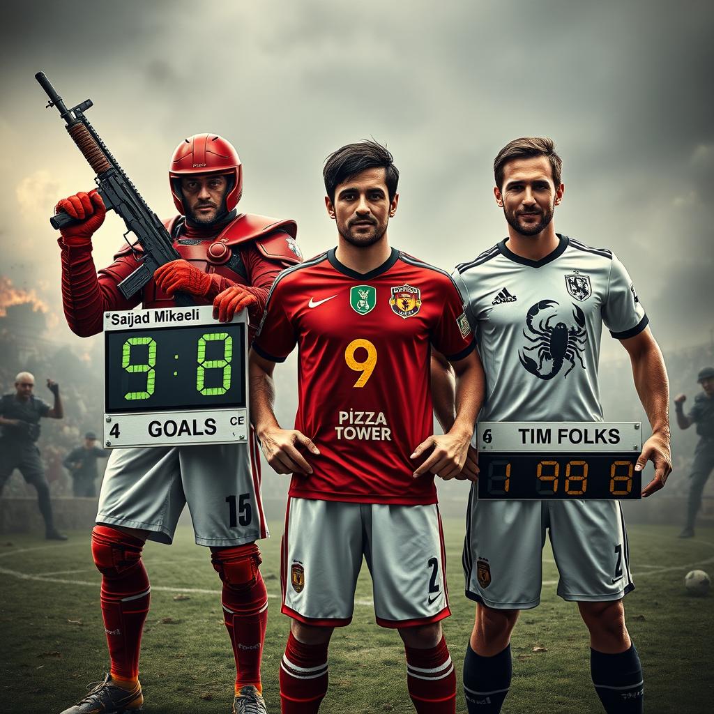 Three soccer players portrayed as warriors