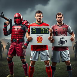 Three soccer players portrayed as warriors