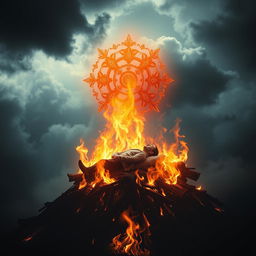 A dramatic and ethereal scene featuring a man peacefully lying on a traditional funeral pyre, surrounded by flames that glow softly, illustrating a serene transition