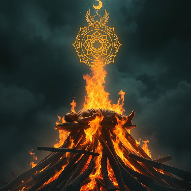 A dramatic and ethereal scene featuring a man peacefully lying on a traditional funeral pyre, surrounded by flames that glow softly, illustrating a serene transition