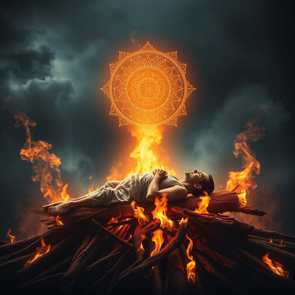 A dramatic and ethereal scene featuring a man peacefully lying on a traditional funeral pyre, surrounded by flames that glow softly, illustrating a serene transition