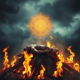 A dramatic and ethereal scene featuring a man peacefully lying on a traditional funeral pyre, surrounded by flames that glow softly, illustrating a serene transition