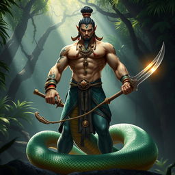 An imposing Yuan Ti character featuring a human upper body seamlessly transitioning into a serpentine lower body