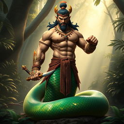 An imposing Yuan Ti character featuring a human upper body seamlessly transitioning into a serpentine lower body