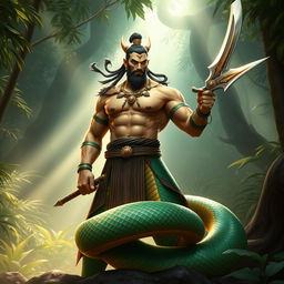 An imposing Yuan Ti character featuring a human upper body seamlessly transitioning into a serpentine lower body