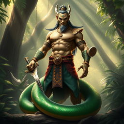 An imposing Yuan Ti character featuring a human upper body seamlessly transitioning into a serpentine lower body