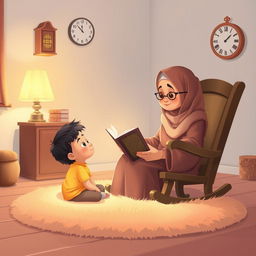 A Muslim grandma sitting on a rocking chair, warmly holding a big storybook, storytelling to a child in a yellow shirt who is sitting cross-legged on a soft, plush rug, gazing up at her in wonder