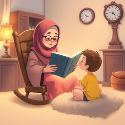 A Muslim grandma sitting on a rocking chair, warmly holding a big storybook, storytelling to a child in a yellow shirt who is sitting cross-legged on a soft, plush rug, gazing up at her in wonder