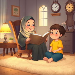 A Muslim grandma sitting on a rocking chair, warmly holding a big storybook, storytelling to a child in a yellow shirt who is sitting cross-legged on a soft, plush rug, gazing up at her in wonder