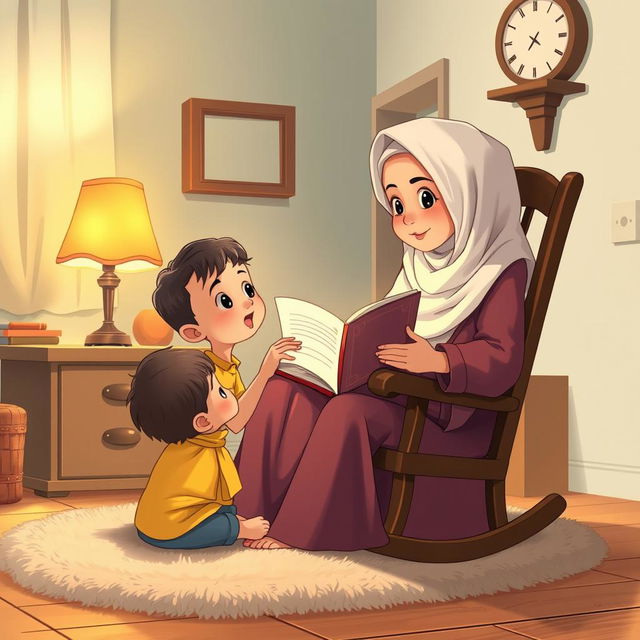 A Muslim grandma sitting on a rocking chair, warmly holding a big storybook, storytelling to a child in a yellow shirt who is sitting cross-legged on a soft, plush rug, gazing up at her in wonder