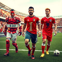 A dynamic soccer scene featuring three unique players on the field